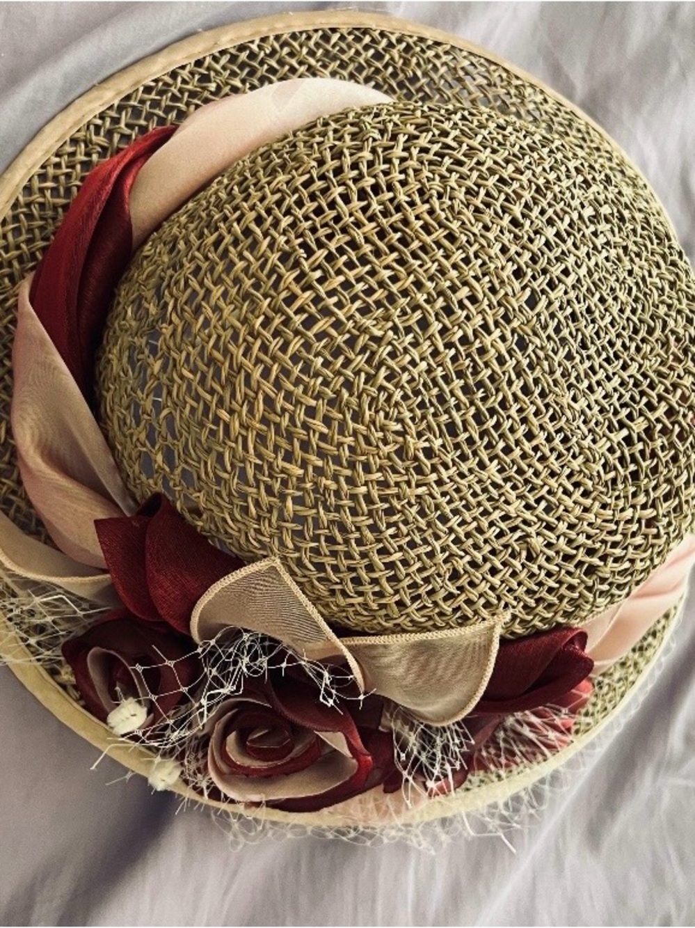 Straw Cloche Hat with Pink and Burgundy Floral Trim
